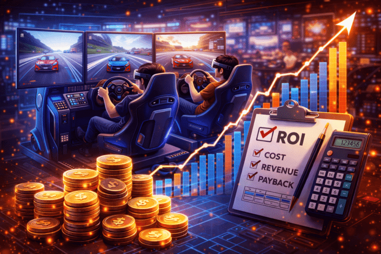 Driving simulation with multiple screens, financial charts, and coins representing investment and ROI analysis for eSports or gaming industry growth.