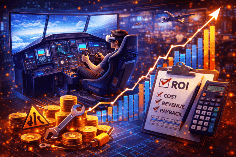 An SEO-friendly ALT tag: Pilot in a flight simulator with financial growth charts, coins, and business analysis tools, symbolizing aviation industry success and financial performance optimization.