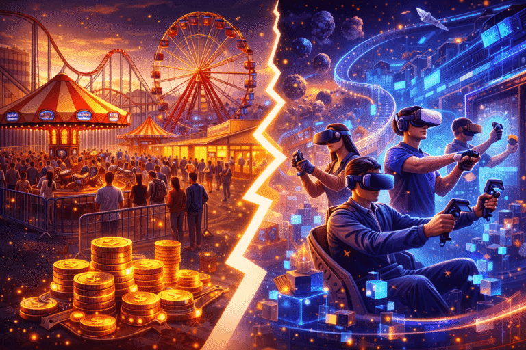 Vibrant digital illustration contrasting a lively amusement park with a futuristic virtual reality gaming scene, highlighting entertainment and technology innovation.