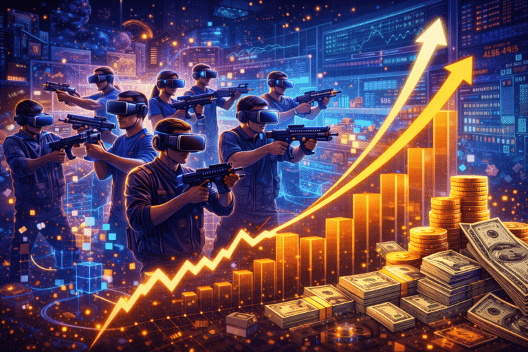 Group of virtual reality gamers with guns, digital financial growth chart, and stacks of money, symbolizing investment, technology, and financial success.