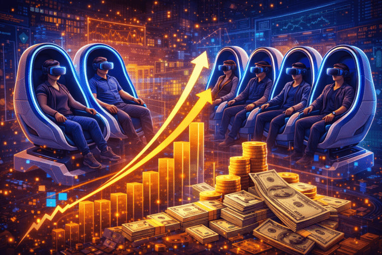 Virtual reality technology with people wearing VR headsets in a futuristic financial trading environment, emphasizing digital finance and investment growth.