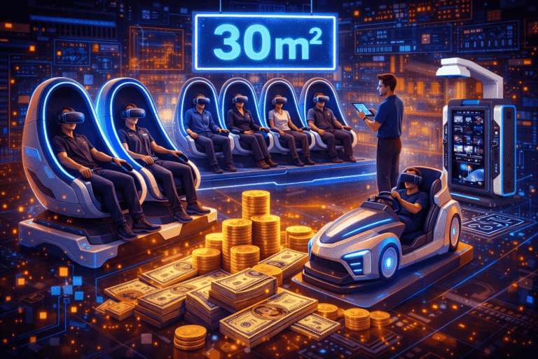 30m² virtual reality gaming room with six players using VR headsets, surrounded by digital cityscape, coins, and cash, highlighting immersive entertainment and futuristic technology.
