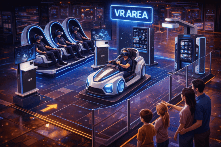 Immerse yourself in a cutting-edge VR arcade experience with multiple virtual reality stations, futuristic racing simulators, and a dedicated VR area for interactive gaming and entertainment.