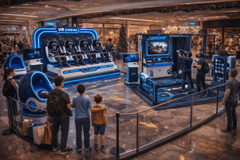 VR cinema experience with multiple seats and interactive gaming setup at a shopping mall, showcasing immersive entertainment technology.