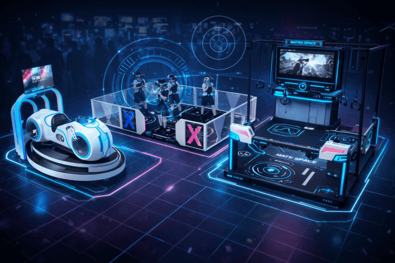 Advanced virtual reality gaming setup with immersive technology and interactive experiences for entertainment and training purposes.