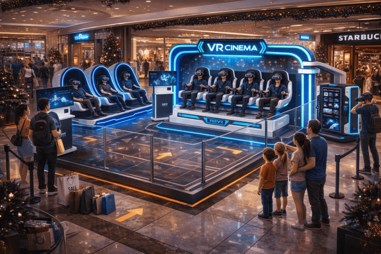 VR cinema experience with multiple participants wearing VR headsets in a shopping mall, showcasing immersive virtual reality entertainment.