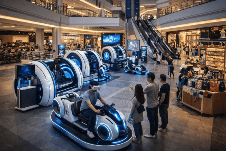 High-tech virtual reality and gaming stations inside a modern shopping mall, featuring immersive simulation equipment and interactive experiences for visitors.