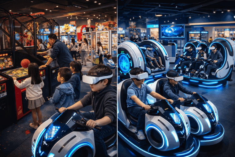 Escape room arcade with children playing virtual reality and racing simulators in a modern entertainment center.