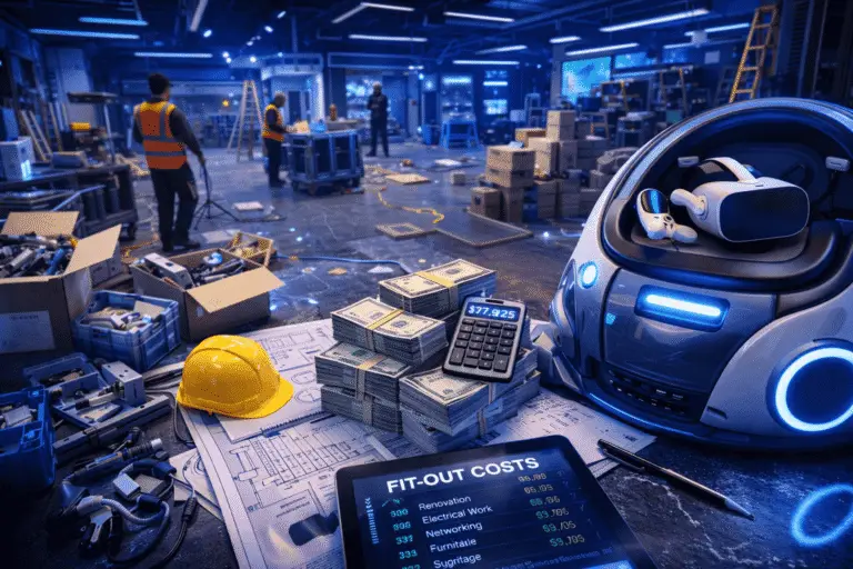 Advanced warehouse automation with robotics, packaging, and inventory management in a modern logistics facility.