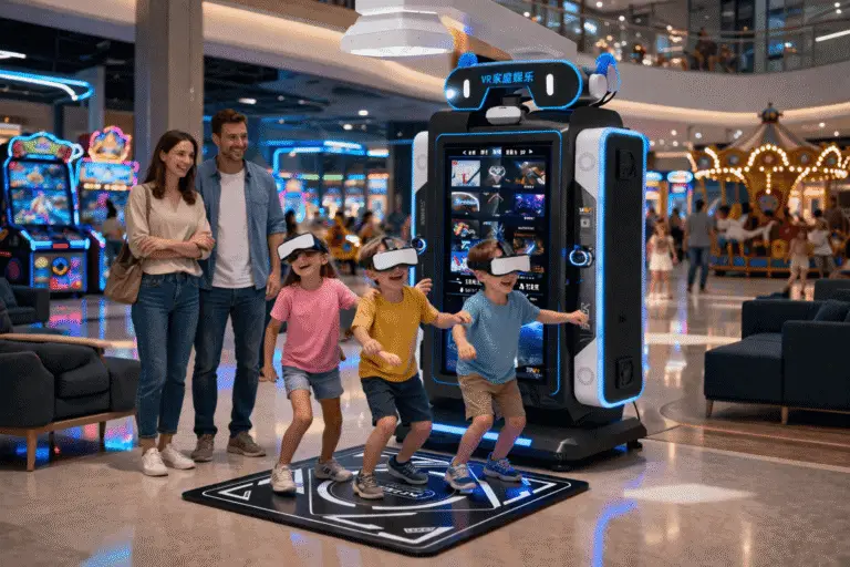 Family enjoying virtual reality dance game at an arcade with kids wearing VR headsets and a large gaming machine in a lively shopping mall.