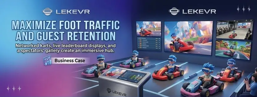 Maximize foot traffic and guest retention with LEKEVR's networked go-karts, live leaderboard displays, and immersive spectator gallery for entertainment venues and entertainment centers.