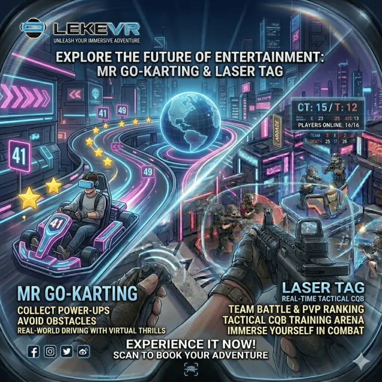 Futuristic MR go-karting and laser tag arena with virtual reality and immersive combat experiences, featuring neon lights and advanced gaming technology.