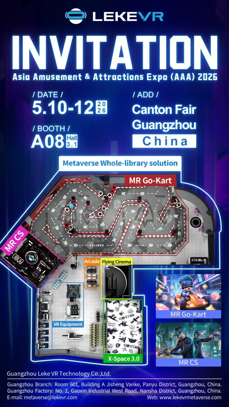 Indoor go-kart track at Guangzhou Canton Fair with VR equipment, arcade, flying cinema, and X-Space 3.0, showcasing entertainment technology solutions.