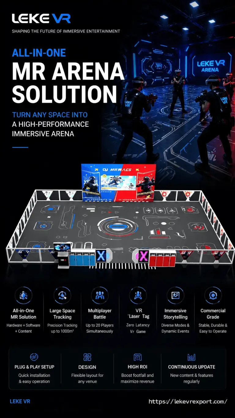 An immersive VR arena with advanced technology for high-performance multiplayer gaming experiences.