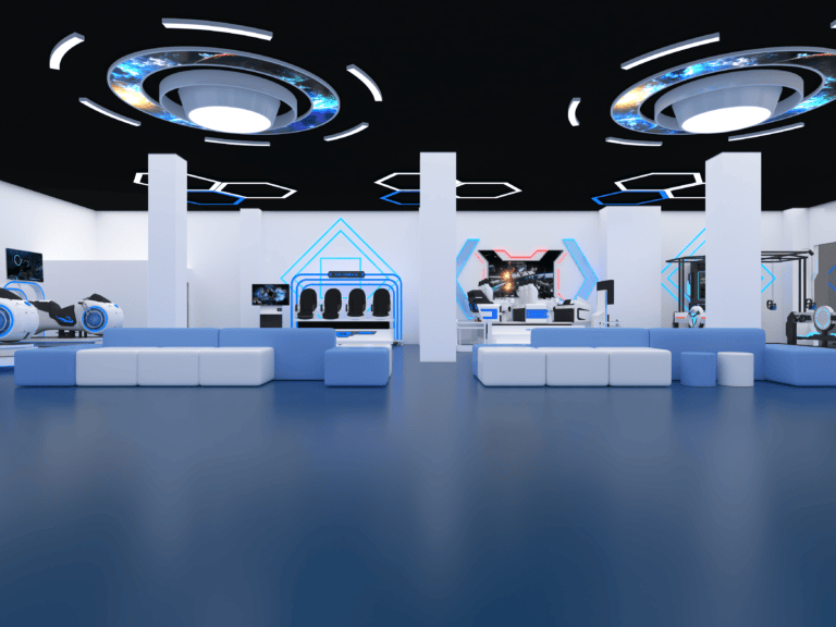 First person customer perspective rendering of a premium commercial VR arcade storefront