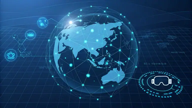 Futuristic digital globe with interconnected nodes representing global connectivity and virtual reality technology.