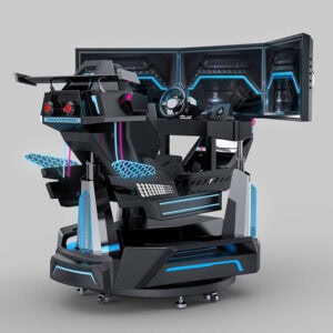 High-tech 3DOF racing simulator with triple screens, advanced controls, and immersive design for realistic racing experiences.