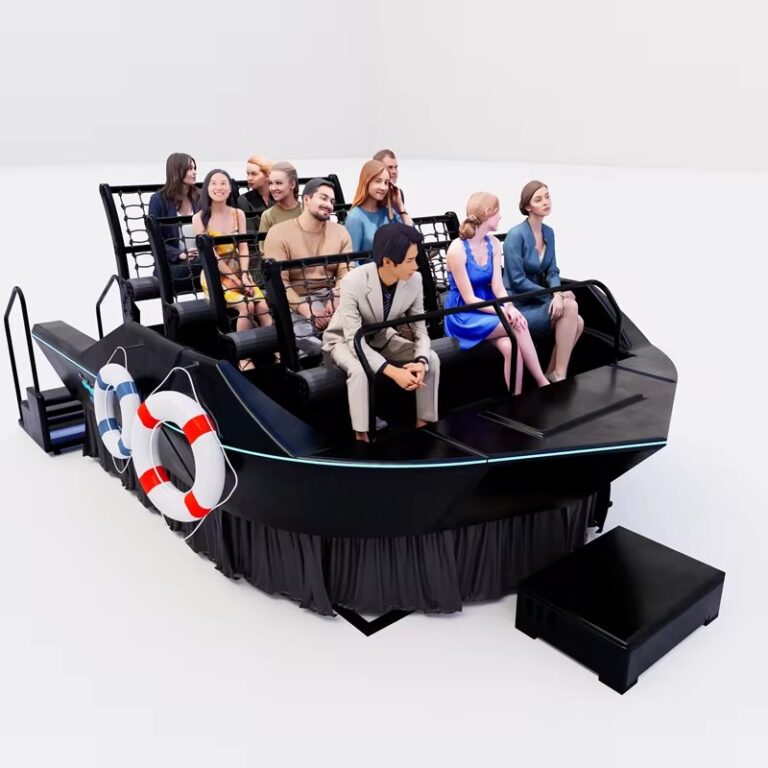 Group of people experiencing 4D VR ride with motion seats and immersive effects.