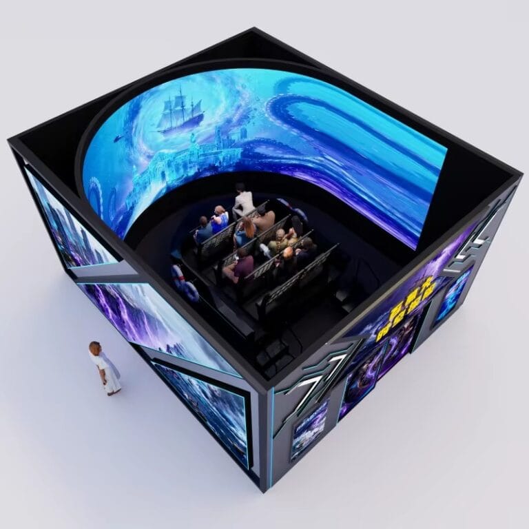 Immersive 9D VR cinema with a curved screen and audience enjoying virtual reality experience.