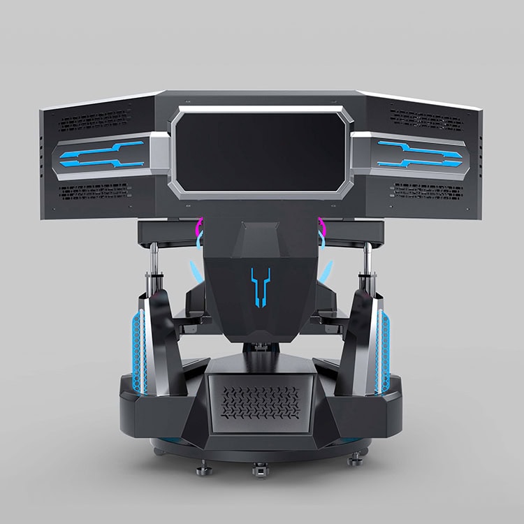 3DOF Racing Simulator | Commercial Triple-Screen Motion Racing 2 Futuristic gaming chair with large screens and LED lighting, designed for immersive virtual reality experiences.
