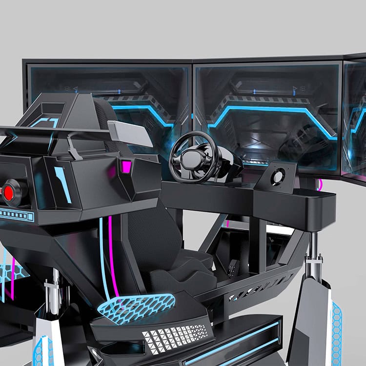 3DOF Racing Simulator | Commercial Triple-Screen Motion Racing 5 High-tech 3DOF racing simulator with triple screens, immersive controls, and LED lighting for realistic racing experience.