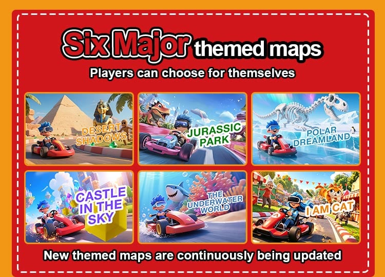 Six themed VR Kart racing tracks