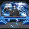 Futuristic virtual reality space simulation exhibit with large curved screen displaying Earth from space.