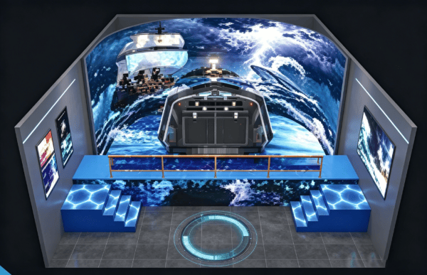 Futuristic virtual reality space simulation exhibit with large curved screen displaying Earth from space.