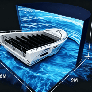 Innovative virtual reality boat simulation with dimensions 6m by 9m by 4m, showcasing immersive maritime experience for training or entertainment purposes.