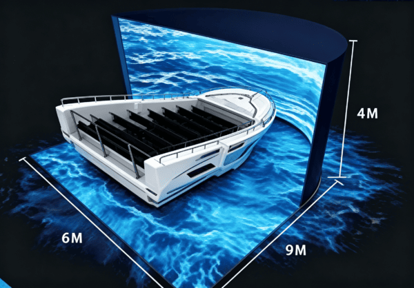 Innovative virtual reality boat simulation with dimensions 6m by 9m by 4m, showcasing immersive maritime experience for training or entertainment purposes.