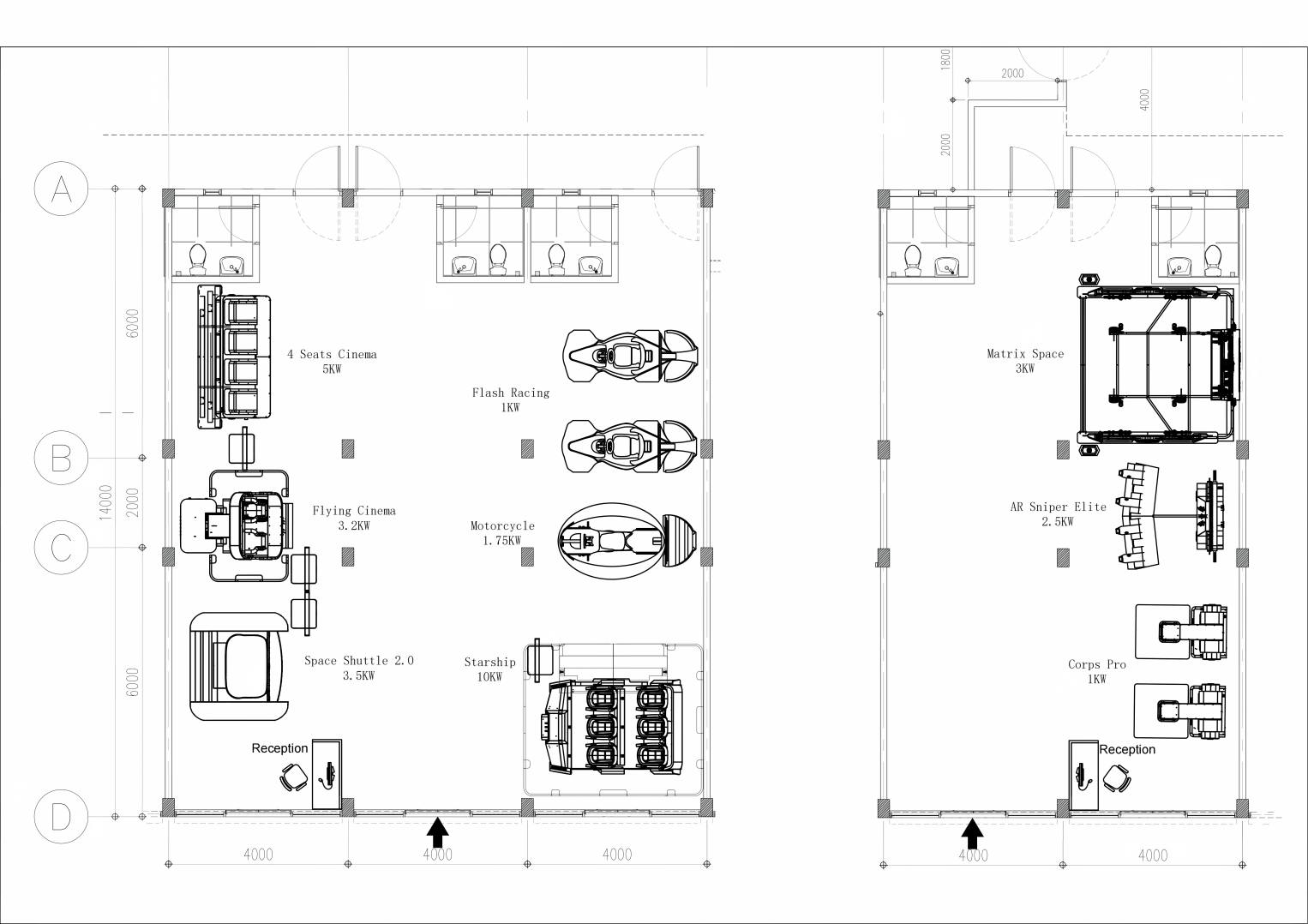 Turnkey vr park solution floor plan for a dual-unit shopping mall, showing eleven VR machines, two service counters and 32.95 KW of connected load