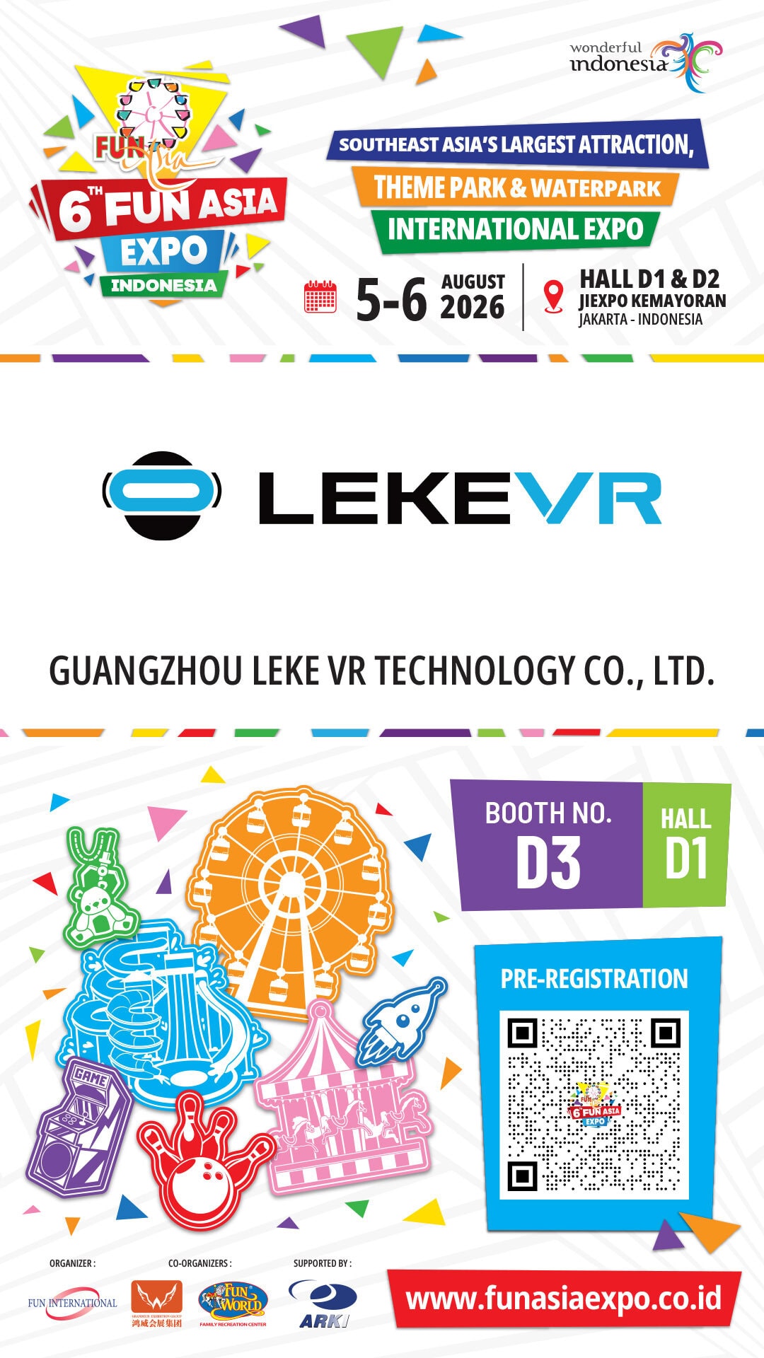 FUN ASIA EXPO 2026 LEKE VR demo booking QR code — scan to reserve your slot at Booth D3