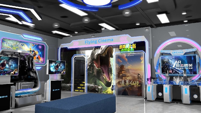 Indoor theme park 3D design rendering showing the Flying Cinema entrance and the attraction run inside the proposed venue