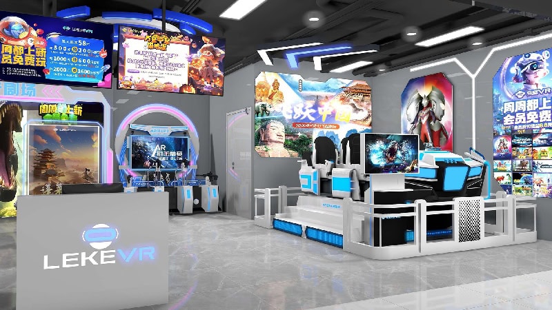 Indoor theme park 3D interior design rendering showing the reception counter and an AR shooting attraction zone