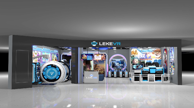 Indoor theme park 3D storefront rendering showing the entrance elevation and the sightline from the mall corridor