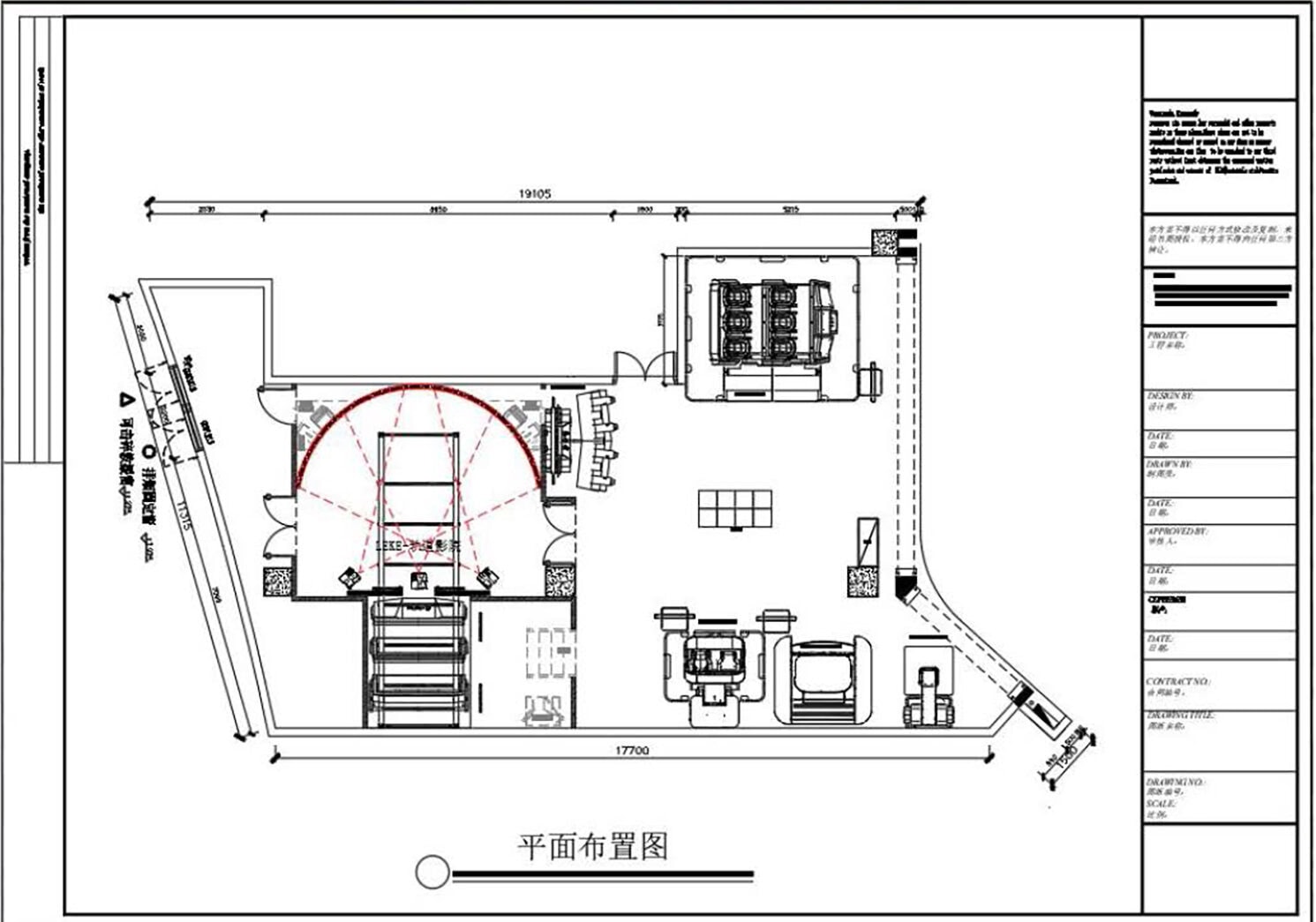 CAD floor plan for a 240 sqm indoor theme park, dimensioned at 19105 mm by 17700 mm, with an angled wall on the left and a curved facade on the lower right
