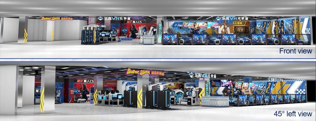 Nine-grid real photo gallery of individual VR game zones and attraction bays inside LEKE VR Changsha store