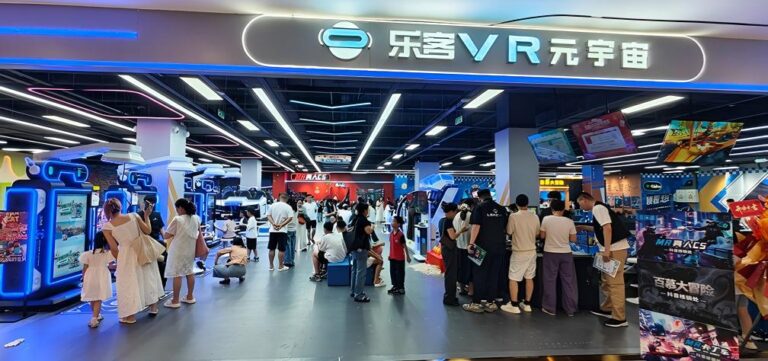 People enjoying virtual reality experiences at Lekevrexport VR arcade with multiple VR stations and digital screens.