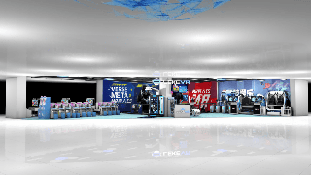 VR Entertainment Centers: Turnkey 150㎡ Setup — Real Plan, Real ROI | LEKE VR 2 C4D photorealistic 3D rendering of LEKE VR Tianjin Jinyu Jiapin Mall store interior showing the finished right-triangle venue design with all equipment zones, lighting, materials, and guest flow visualized before construction