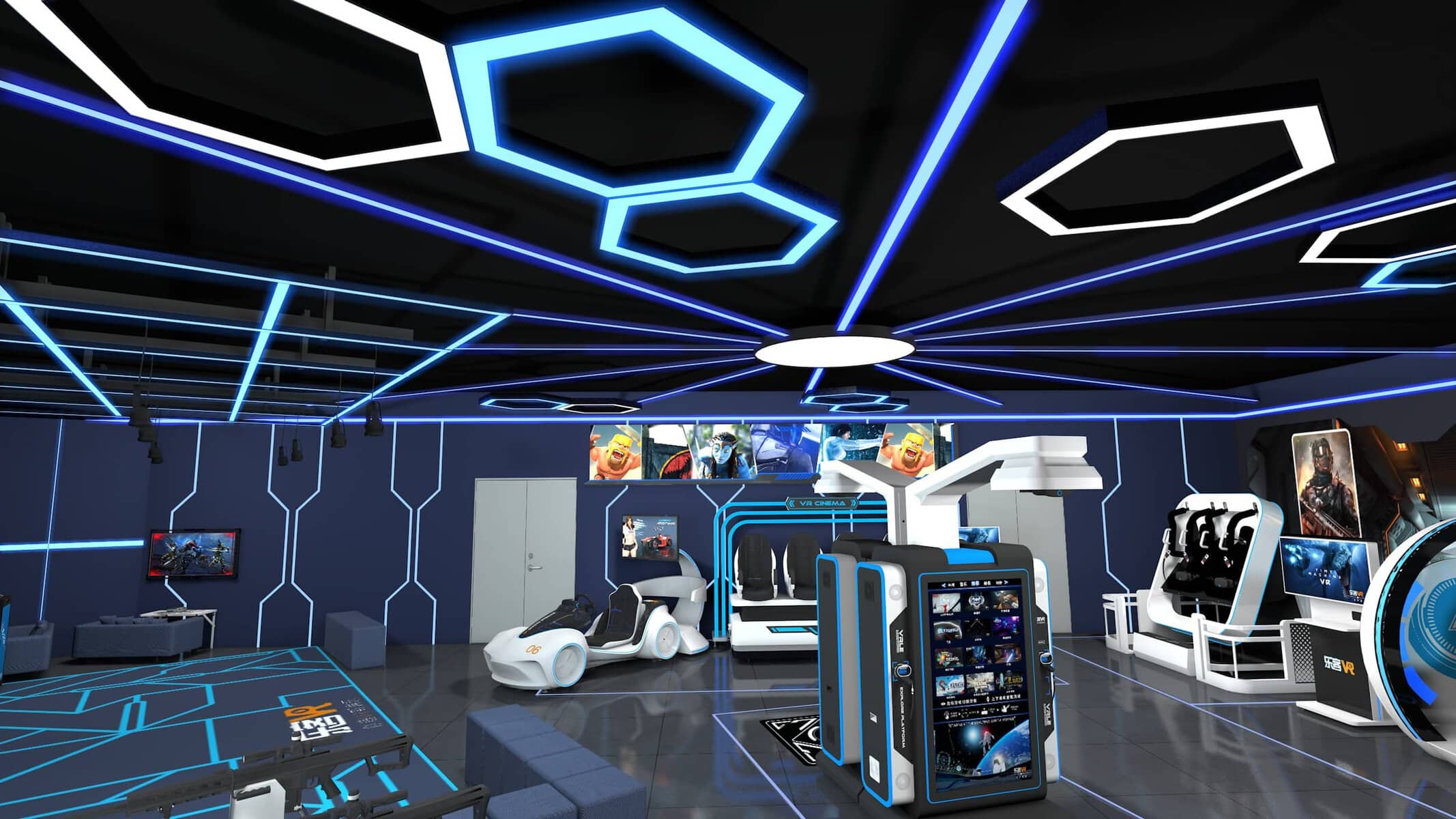 VR cafe interior design rendering showing the hexagonal LED ceiling, cinema pod, printed floor graphic and self-service kiosk