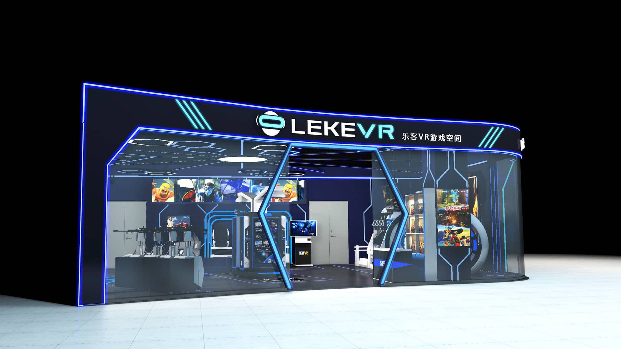 VR cafe storefront design rendering showing the LEKE VR entrance elevation, dark panel facade and sightline from the mall corridor