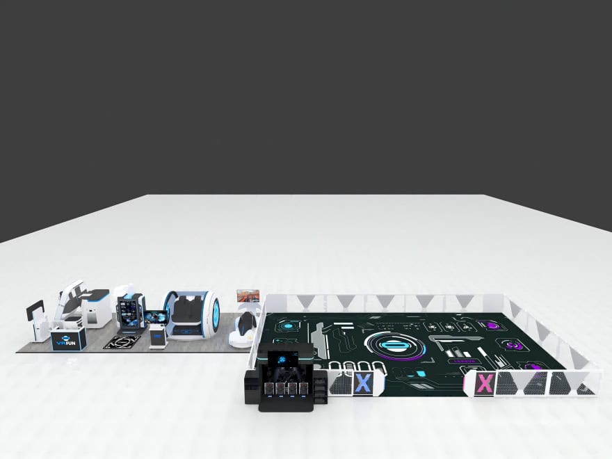 VR park C4D design for a 138 sqm Vietnam mall showing the equipment run and free-roam arena layout