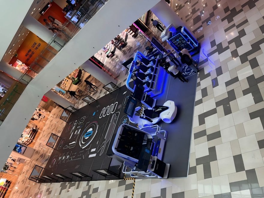 Equipment run beside the free-roam arena at the built vr park in a Vietnam shopping mall
